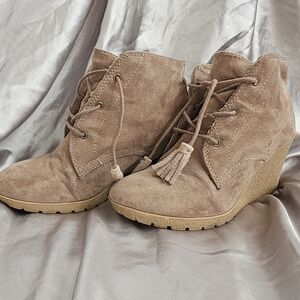 MIA Bobbie Tan Suede Wedge Ankle Boots